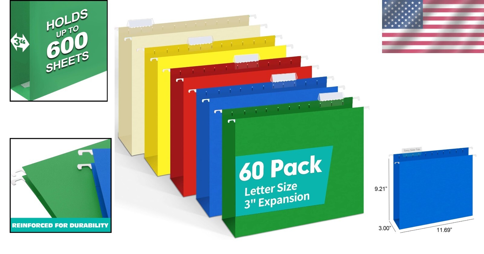 Heavy Duty Hanging File Folders - 60 Pack with 3-Inch Expansion & Premium Hooks