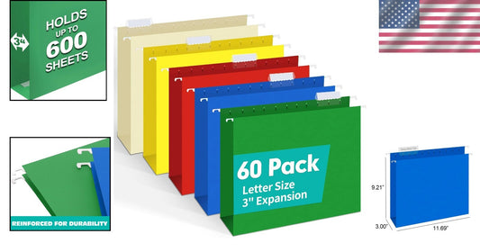 Heavy Duty Hanging File Folders - 60 Pack with 3-Inch Expansion & Premium Hooks