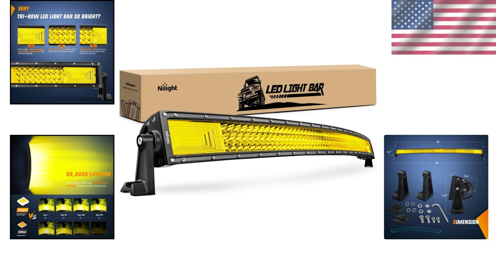 High Power 52-Inch LED Light Bar with Yellow Beam – 783 Chips for Trucks & 4x4s