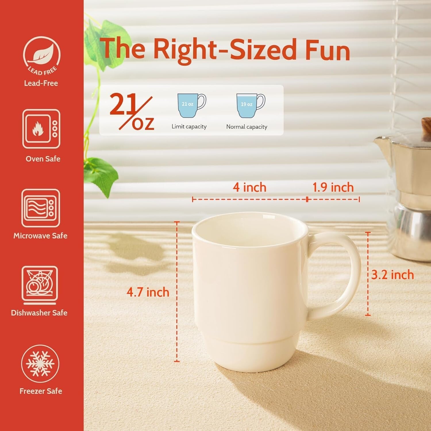 21 Oz Stackable Porcelain Mugs - Set of 6 for Stylish Coffee & Mulled Drinks