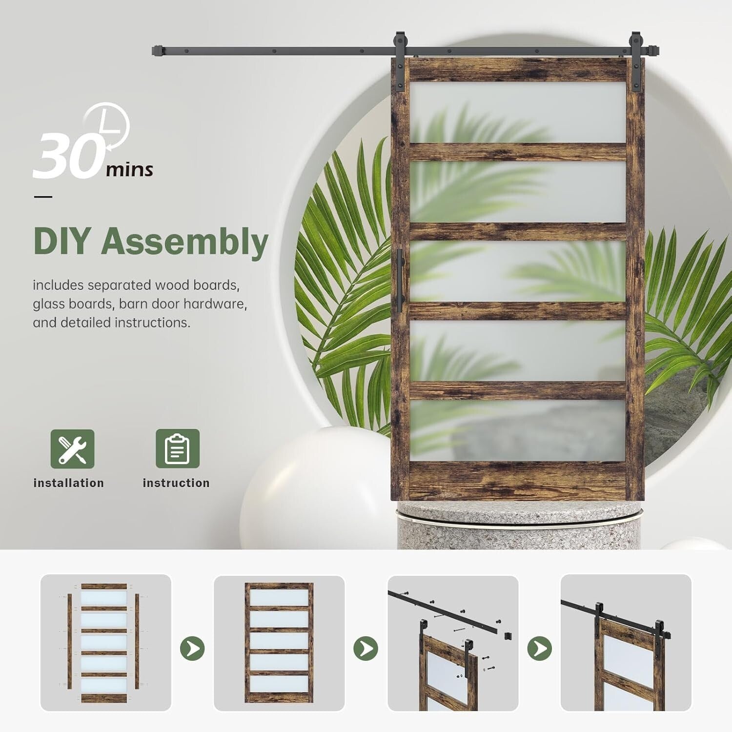 Elegant Brown LVL Wood Sliding Barn Door Kit - DIY Assembly with Frosted Glass
