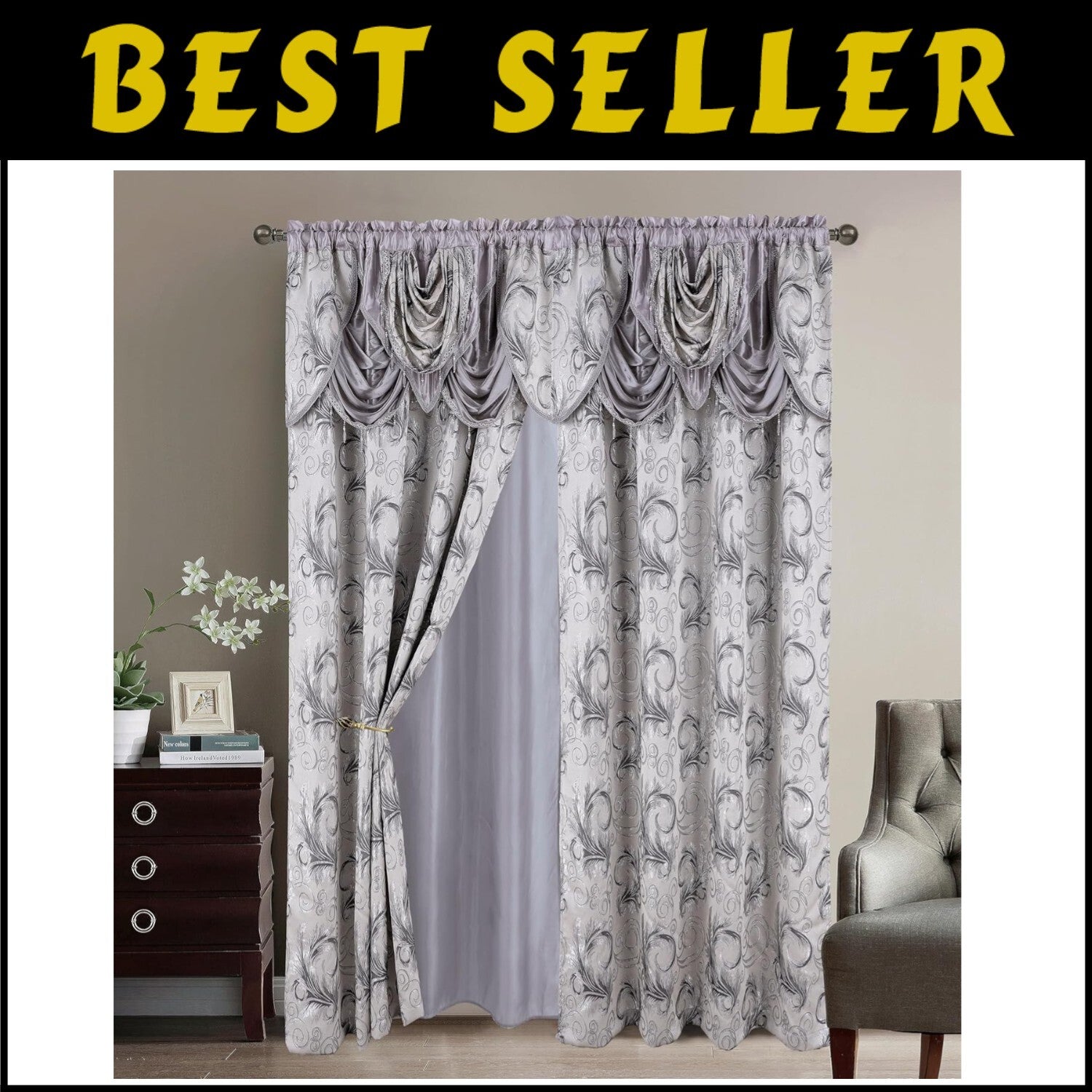 Sophisticated Embroidered Paisley Curtain Set with Valance - 54"x84" Silver Gray
