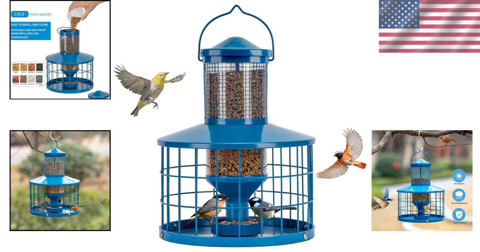 Durable Blue Hanging Bird Feeder for Finch & Bluebird - Squirrel-Proof Design