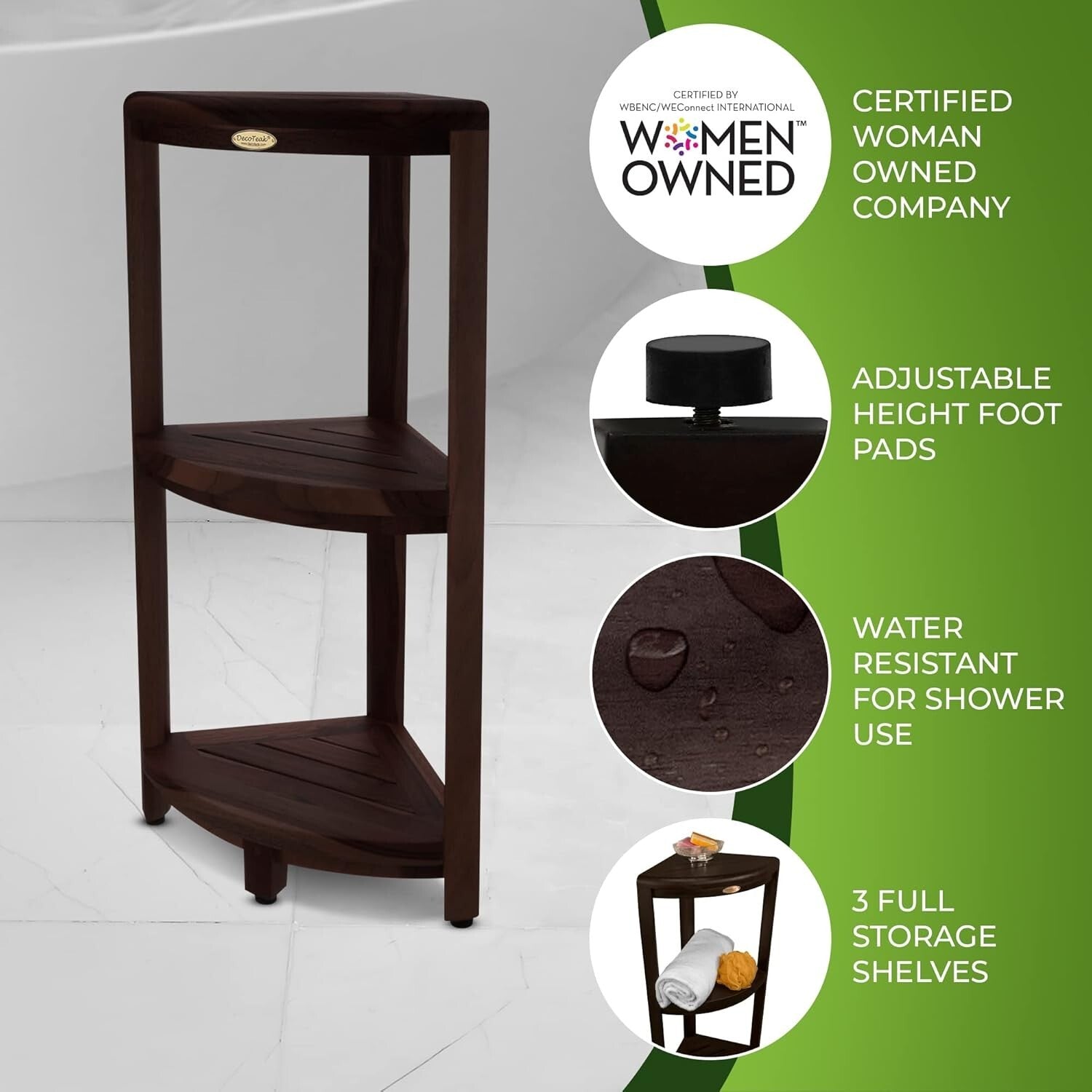Durable Teak Shower Caddy with Adjustable Feet - Perfect for Corner Spaces