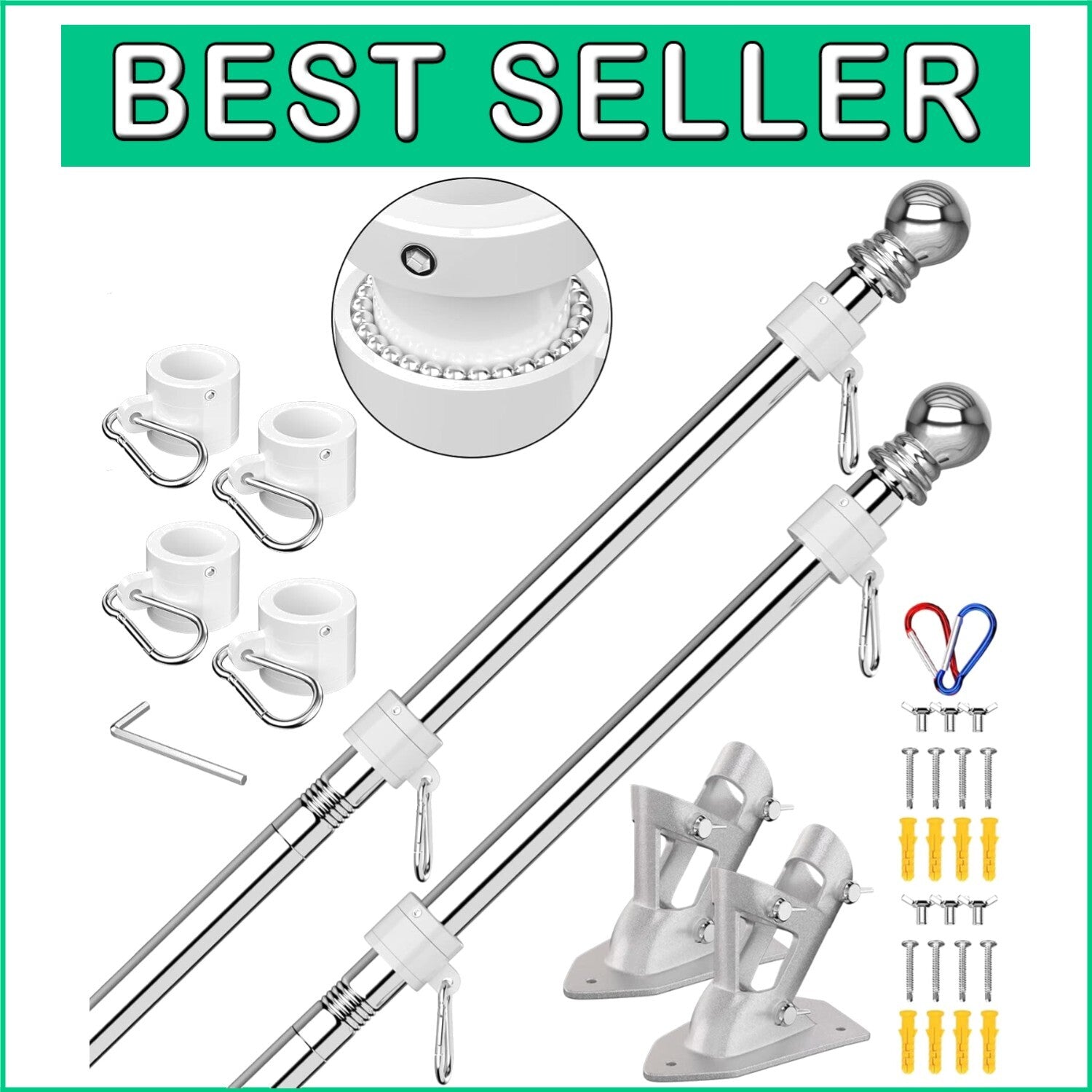 2-Pack Adjustable 6 FT Flag Poles with Rust-Free Bracket for Homes & Businesses