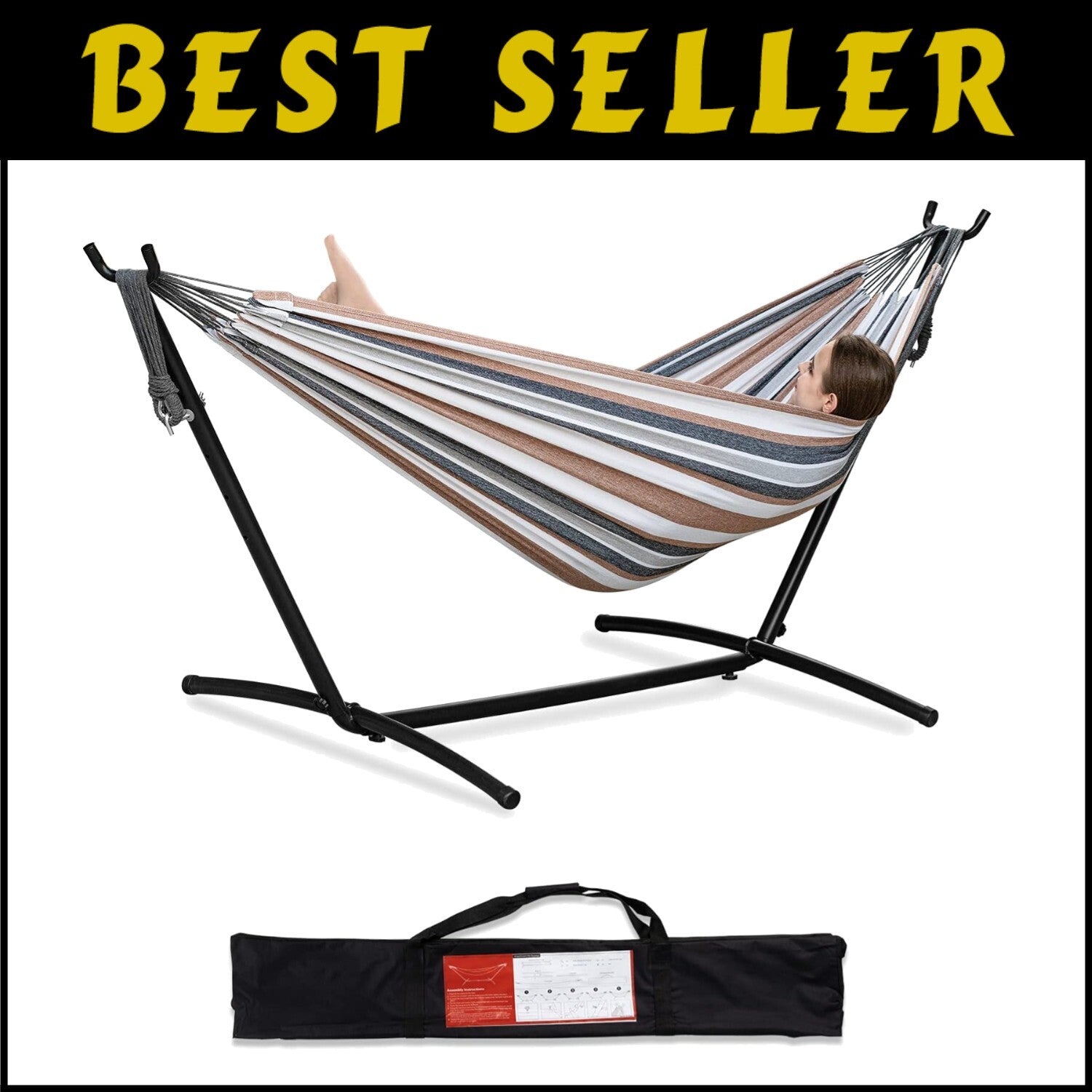 Easy-Setup Double Hammock with Stylish Steel Stand & Travel Bag - Coffee Color