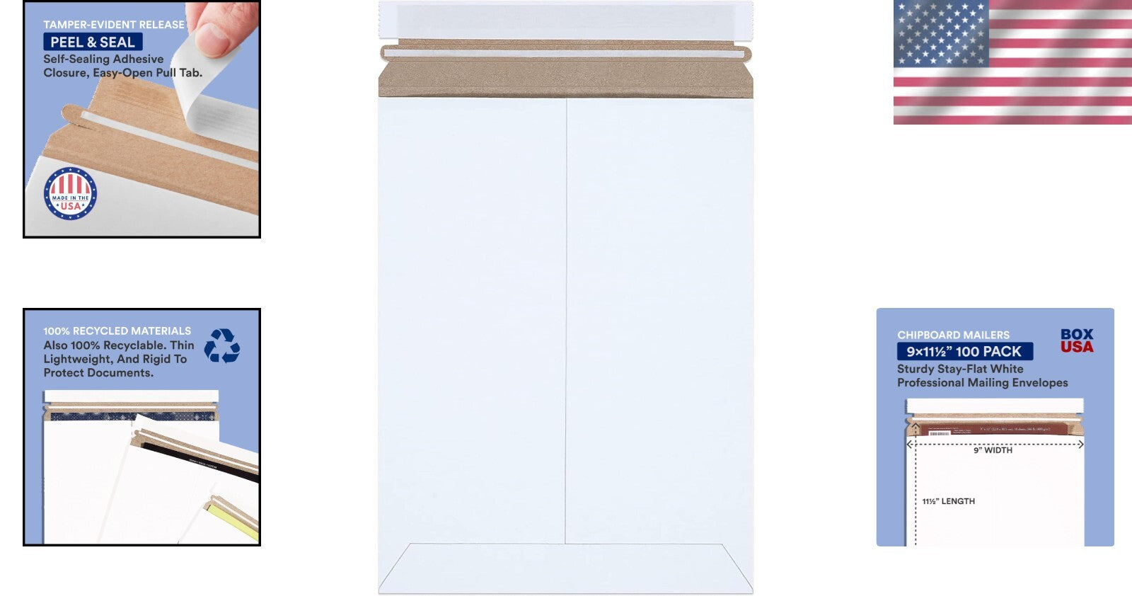 Self-Seal StayFlat Mailer Pack of 100 - 9" x 11.5" Durable Cardboard Envelopes