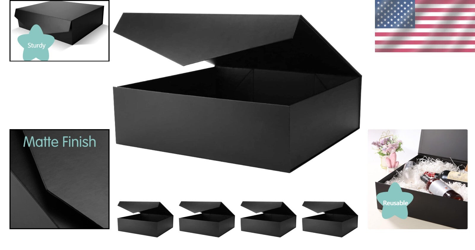 Elegant 5-Pack Extra Large Black Gift Boxes with Magnetic Closure – 16.3"x14.2"