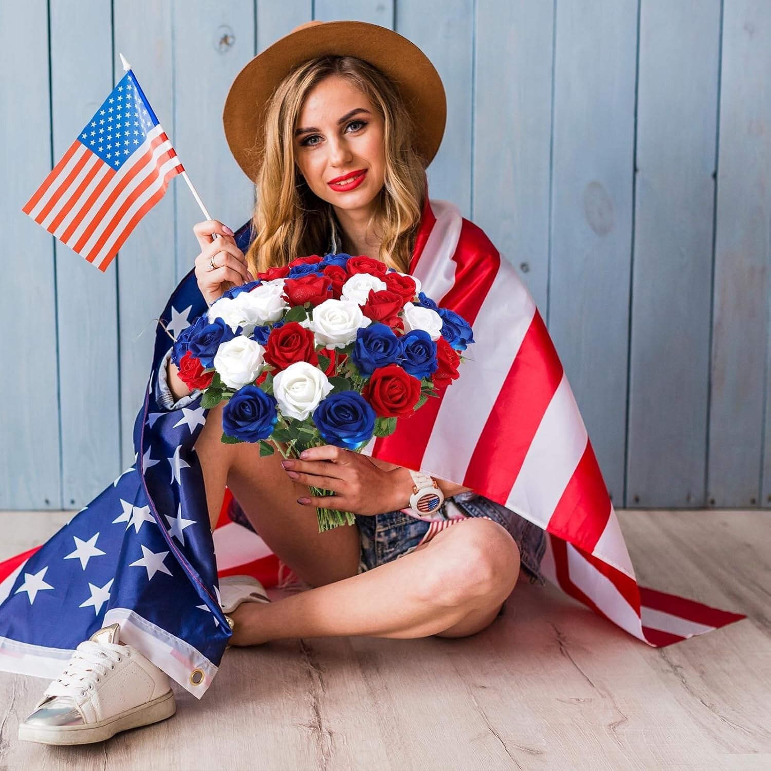 Vibrant Red, White, Blue Faux Roses - Perfect for 4th July Wedding Arrangements