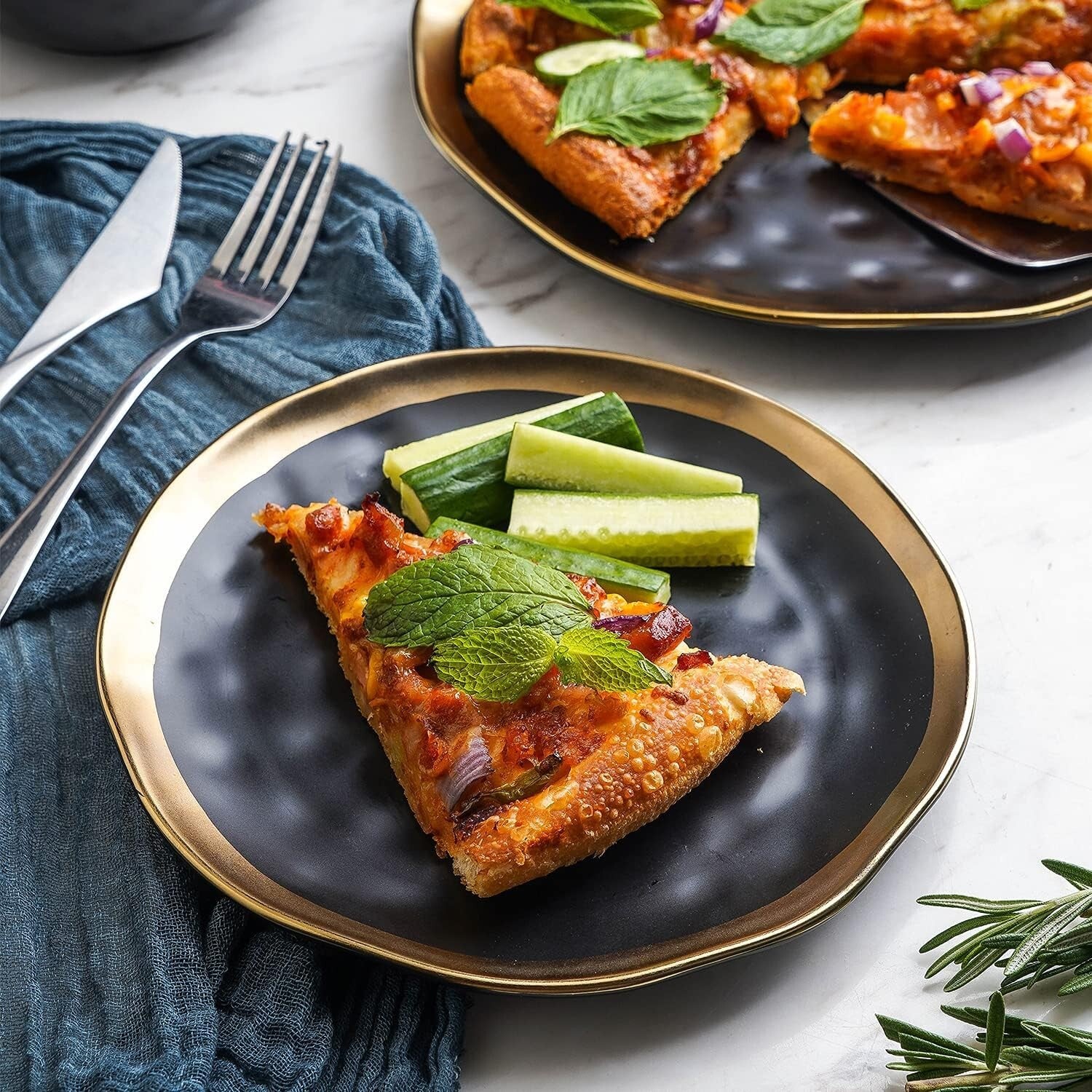 Sophisticated Gold-Accented Black Porcelain Dish Set, Service for 8 - Florian