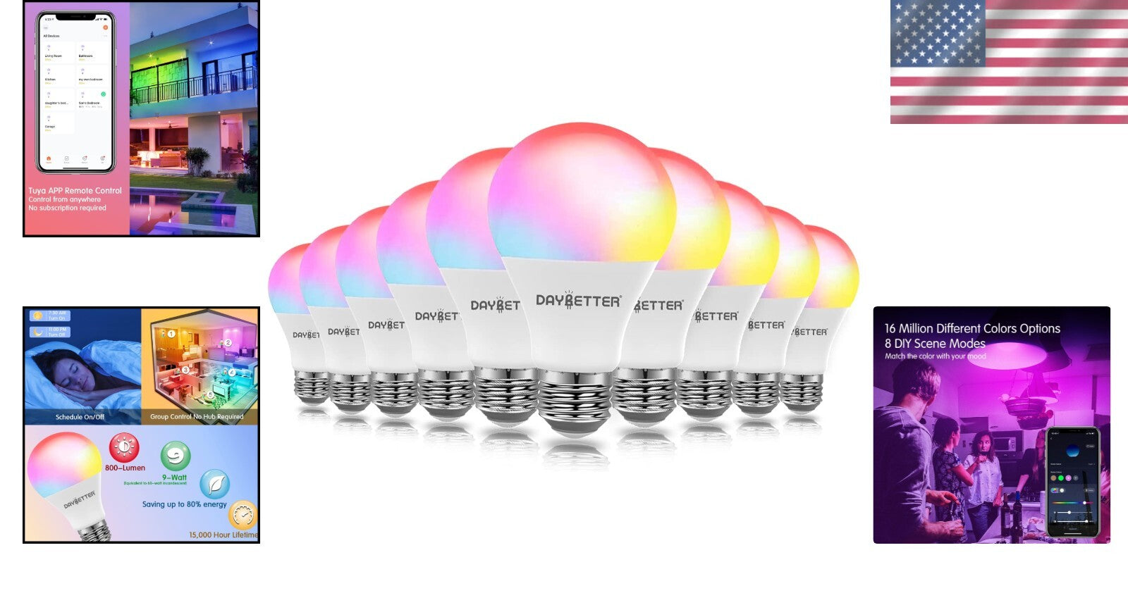 Dimmable LED Smart Bulbs for Home - 10 Pack, Works with Alexa & Google Assistant