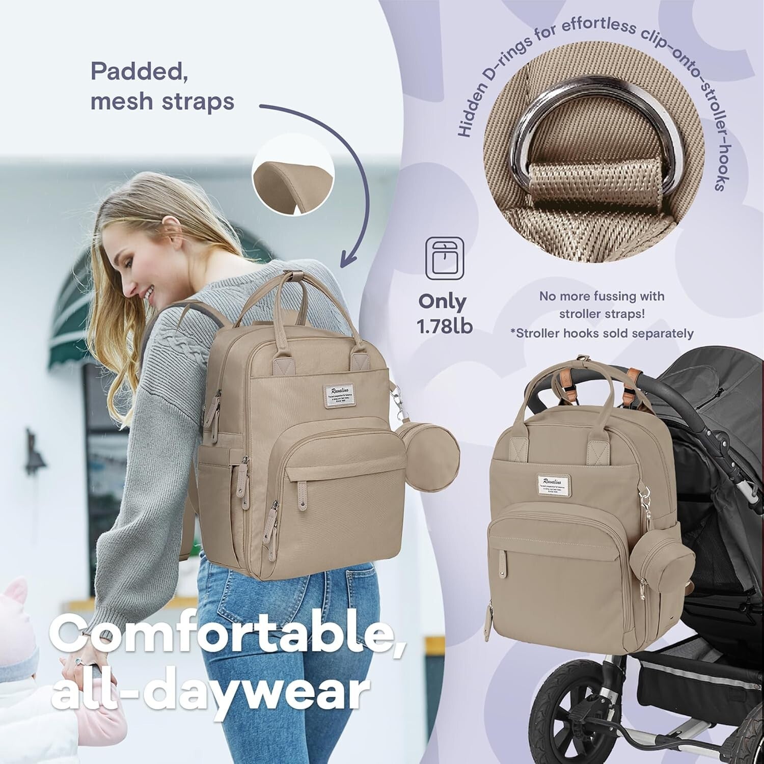Stylish Waterproof Diaper Bag Backpack with Insulated Bottle Holders, Clay