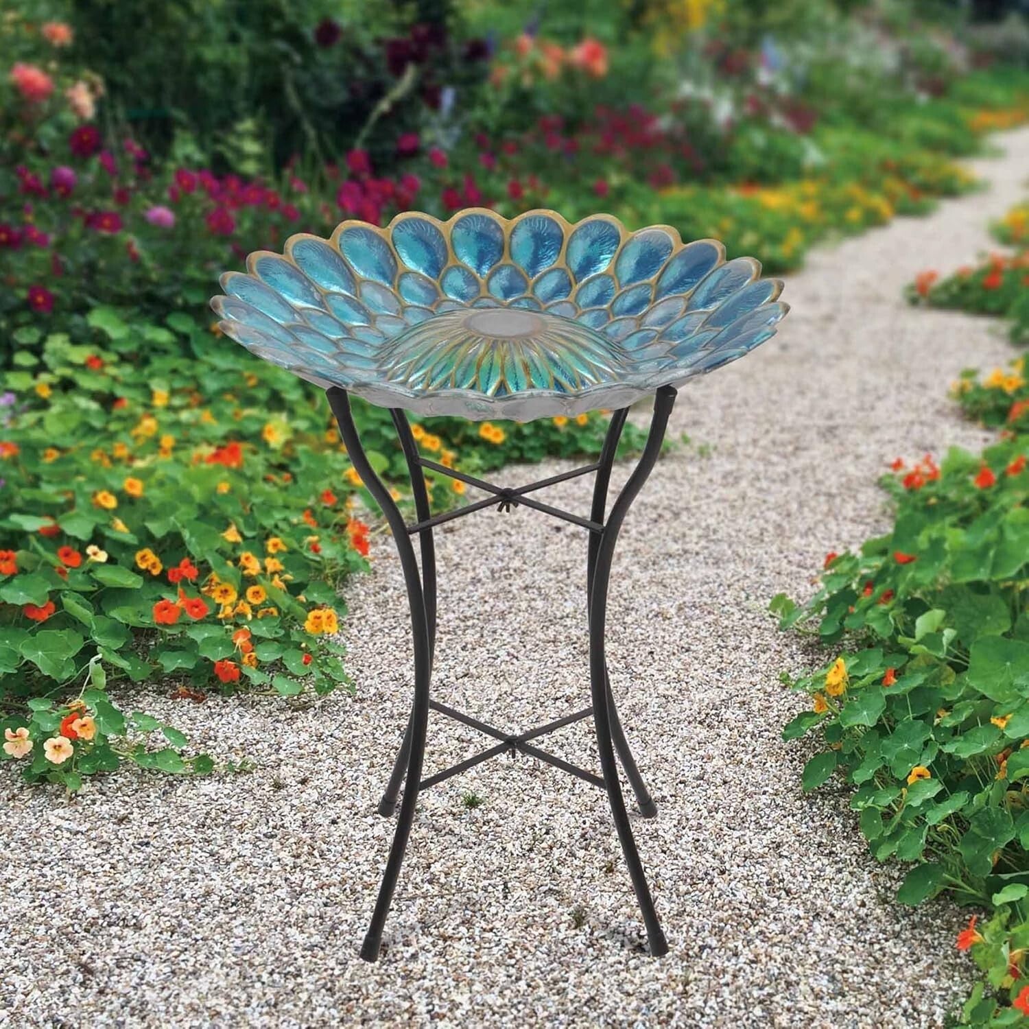 Freestanding 21-Inch Solar Birdbath Bowl with Vibrant Mosaic and LED Light