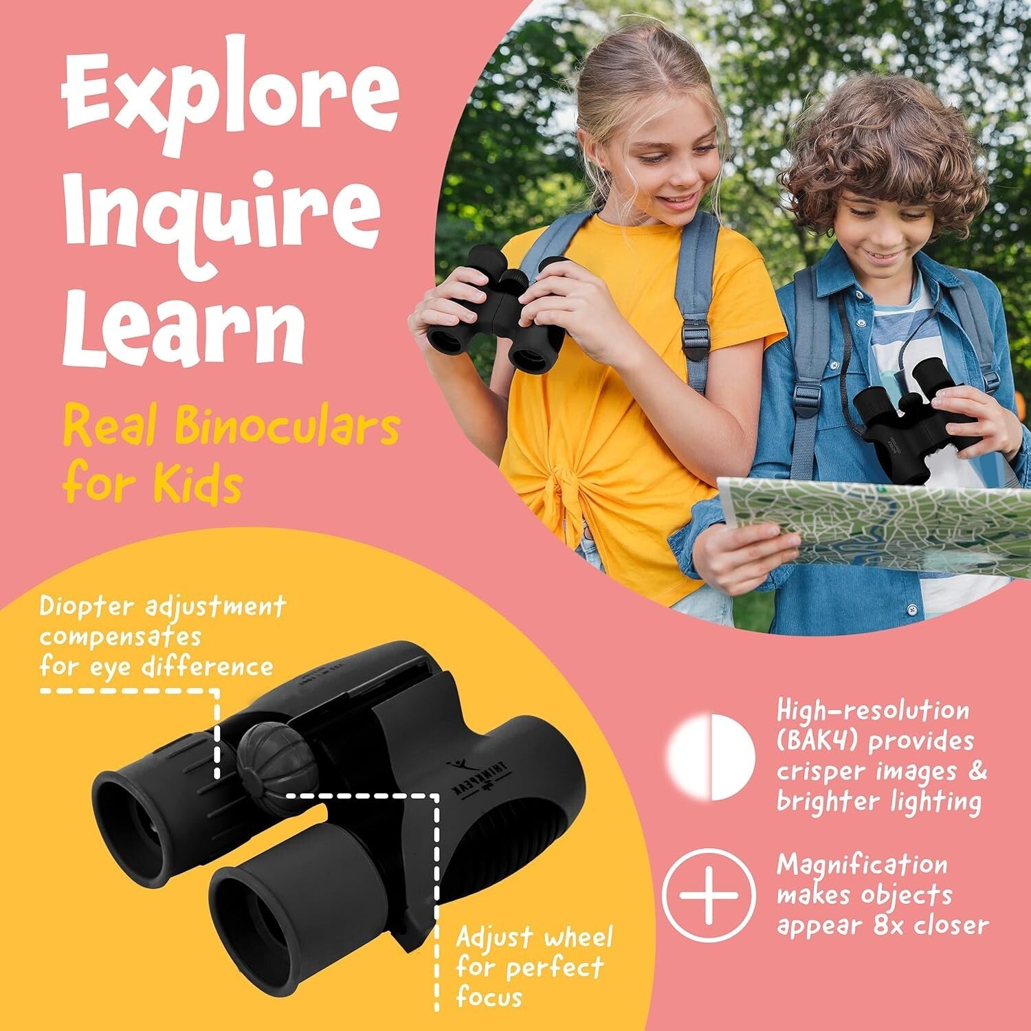 Think Peak Kids Binoculars - 8x Magnification Compact Adventure Toy for Ages 4-8