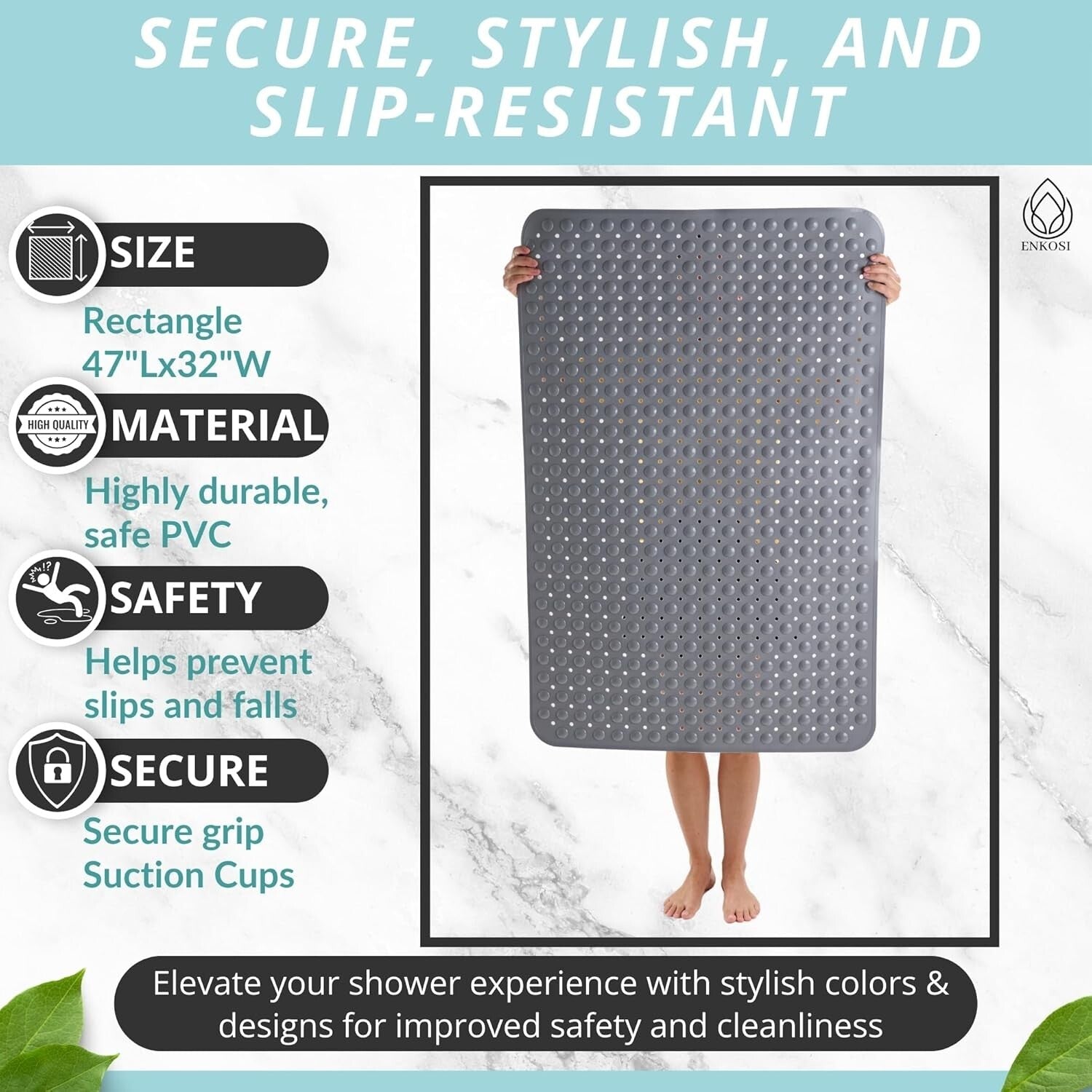 47" x 32" Heavyweight Non-Slip Shower Mat with Suction Cups & Easy Drainage