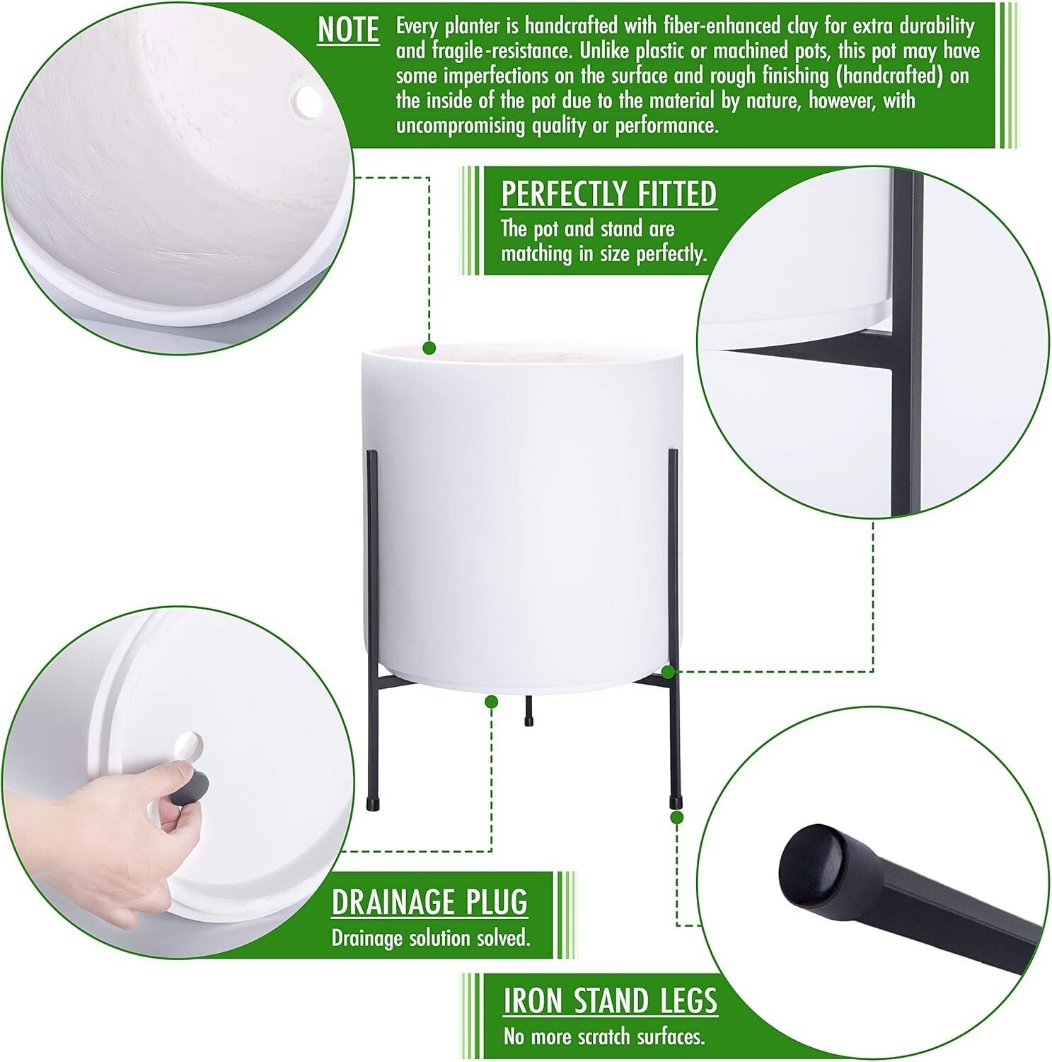 Stylish 16 Inch White Cylinder Plant Pot with Durable Metal Stand—Indoor/Outdoor