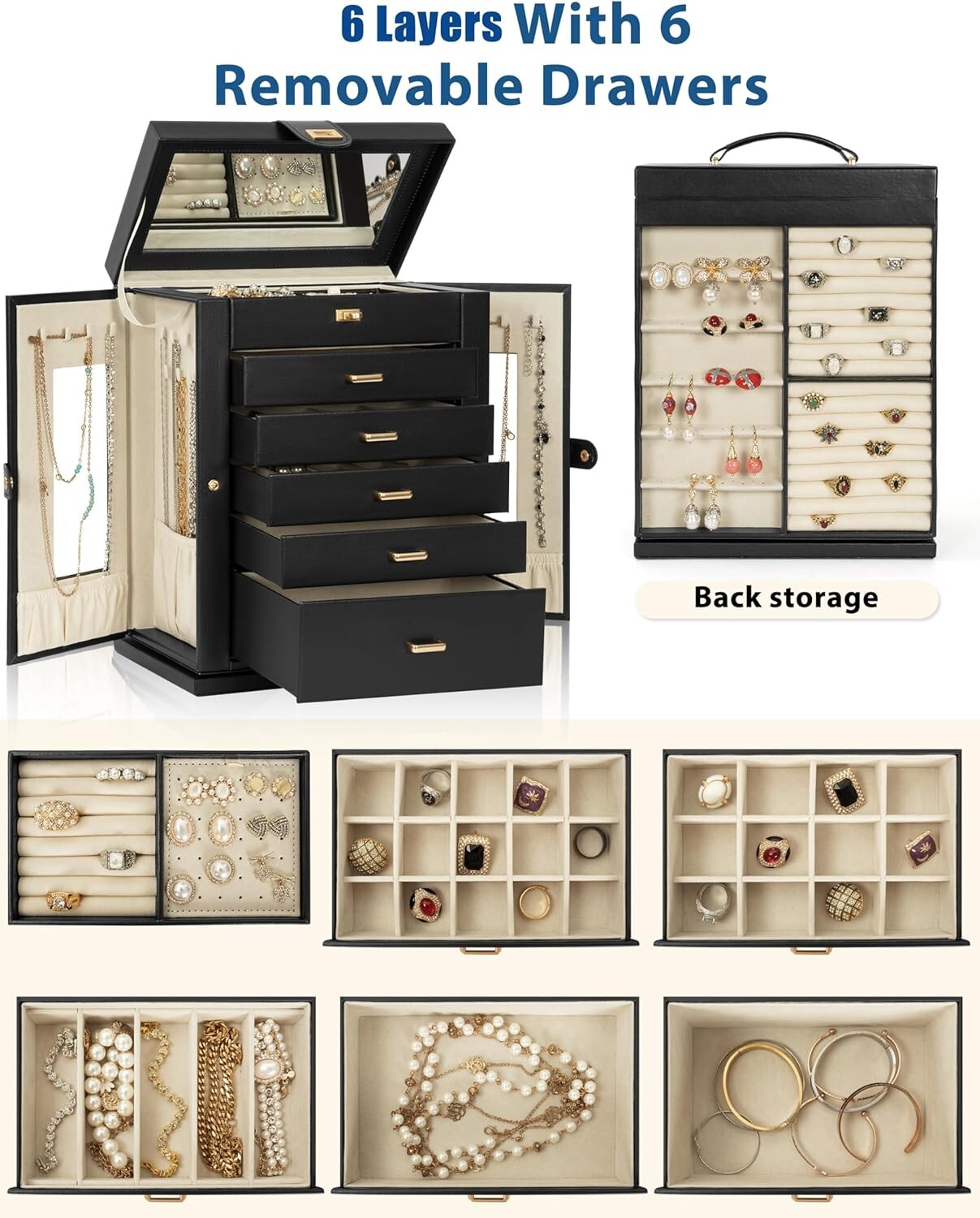 Faux Leather Jewelry Box with 6 Pull-Out Drawers & Mirror - Stylish Organizer