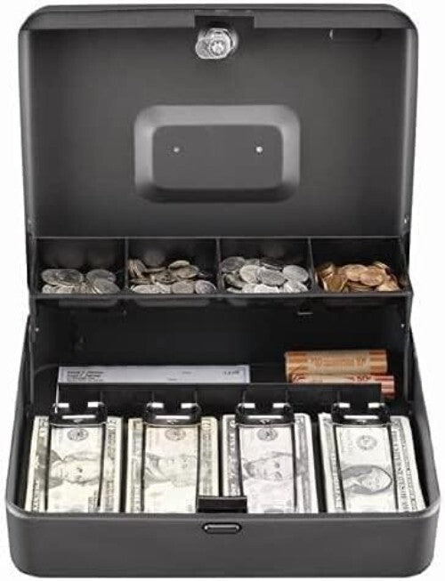 Secure Alloy Steel Cash Box with Tiered Tray and Recessed Handle | 11.81" W
