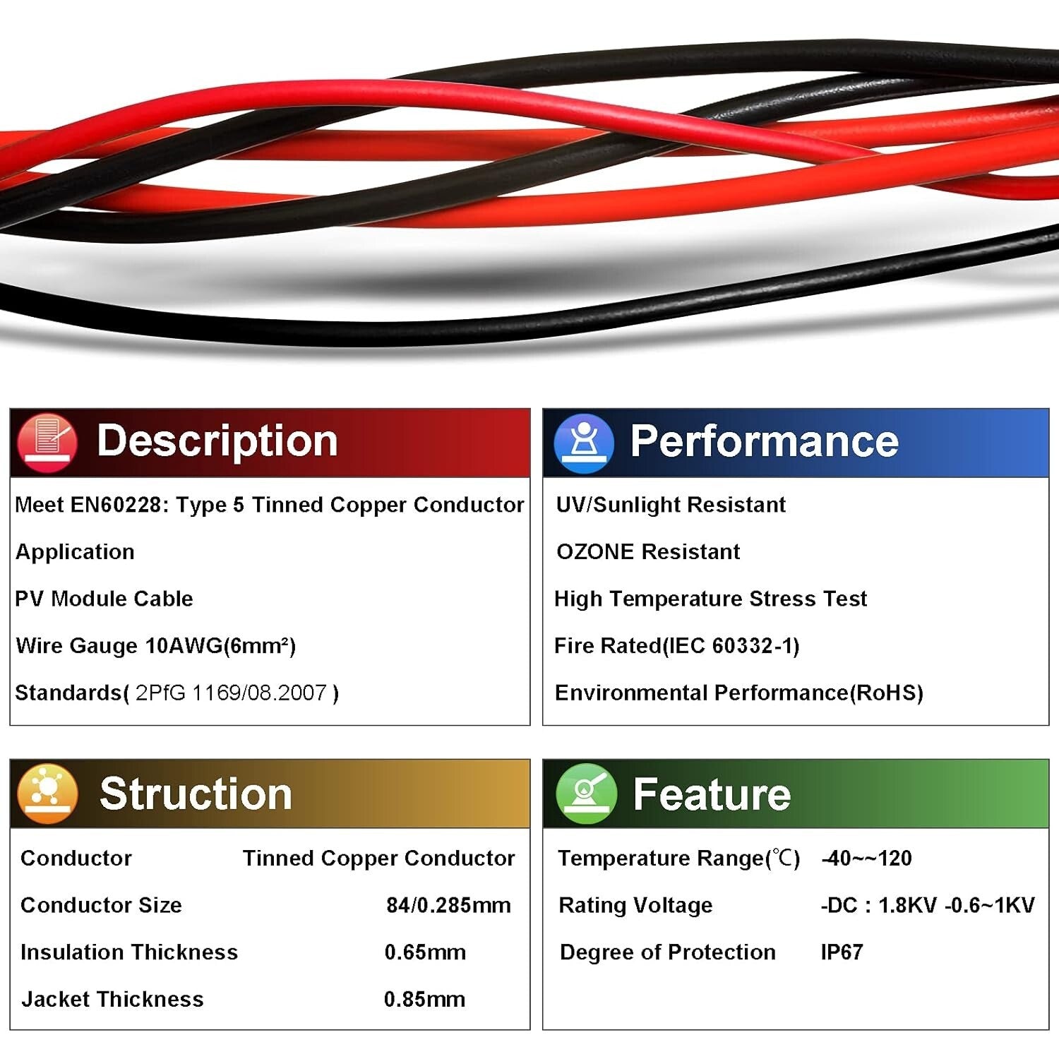 Heavy-Duty 10 Gauge Solar Wire - 30Ft Black and Red for Marine & RV Applications