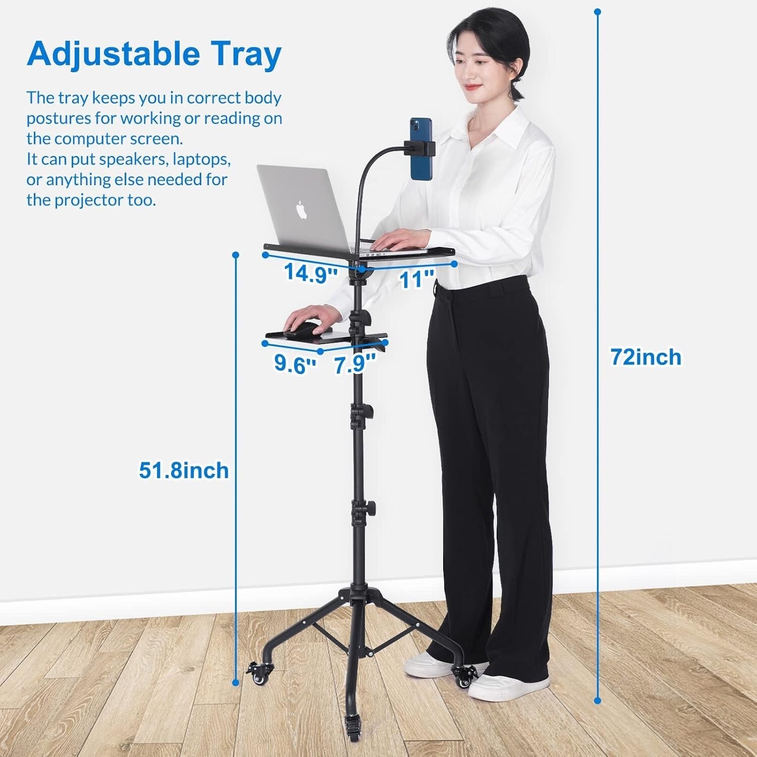 Versatile Tripod Stand for Laptop & Projector - 3 Levels, Height Up to 51.8 Inch