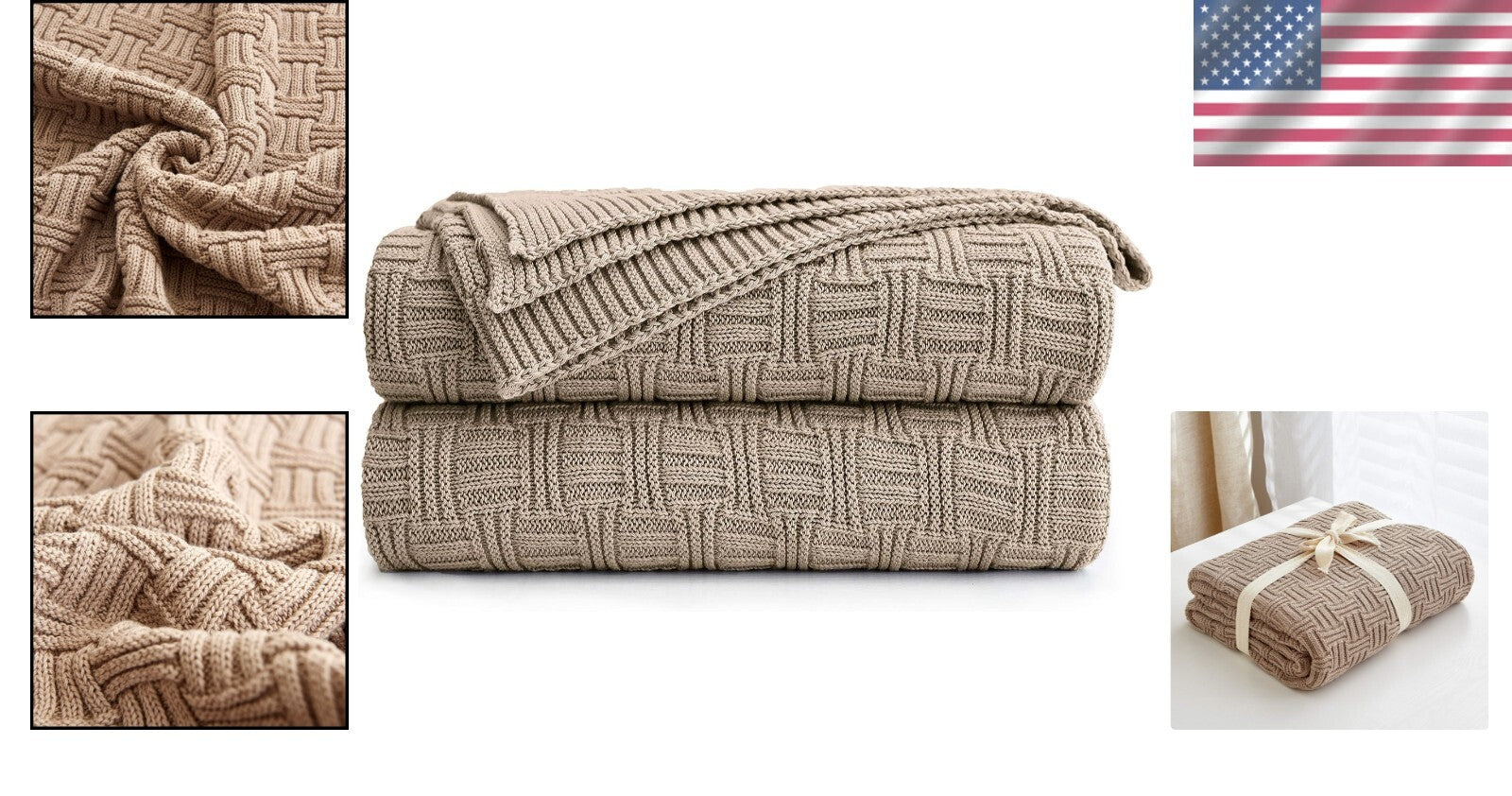 Elegant 60x80 Cotton Khaki Cable Knit Throw Blanket - Perfect for Snuggling