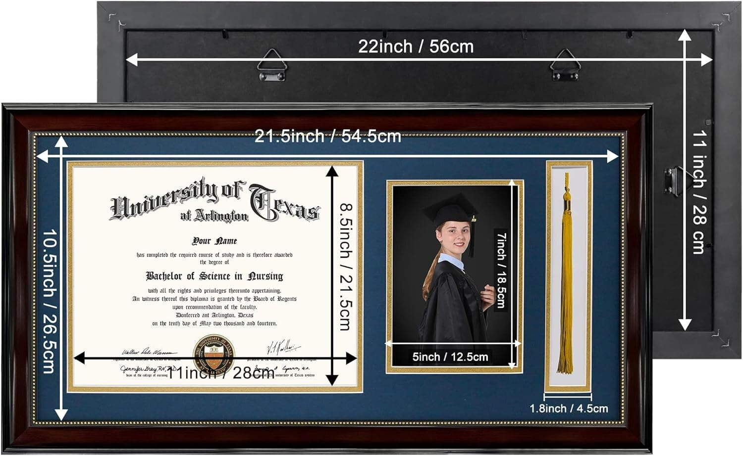 Elegant 11x22 Mahogany Diploma Frame with Tassel Holder and Navy Gold Mat