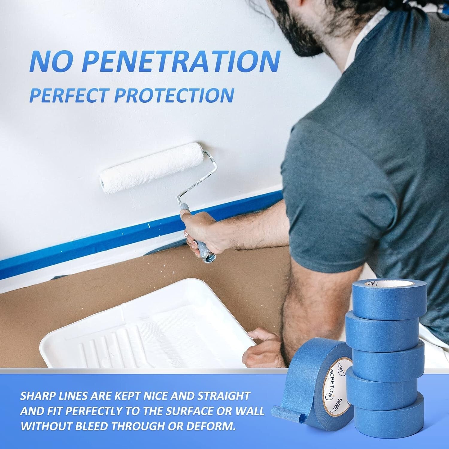 Professional Grade Painters Tape - 10 Rolls Blue Masking Tape, 2" x 55 Yards