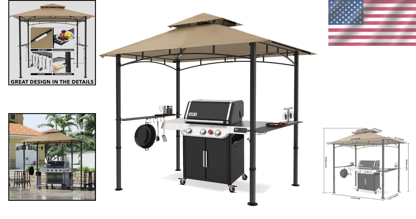 Elegant 8 x 5 Outdoor Canopy Grill Gazebo with Two Shelves and LED Lighting
