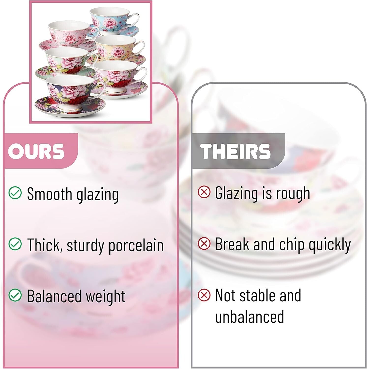 Assorted Floral Tea Cups and Saucers – 6 Piece Set with Elegant Gold Details