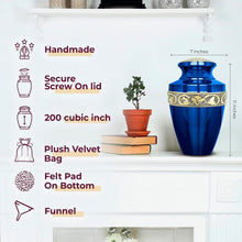 Load image into Gallery viewer, Beautiful Decorative Burial Urn for Adult Ashes - Blue and Gold Aluminum Finish