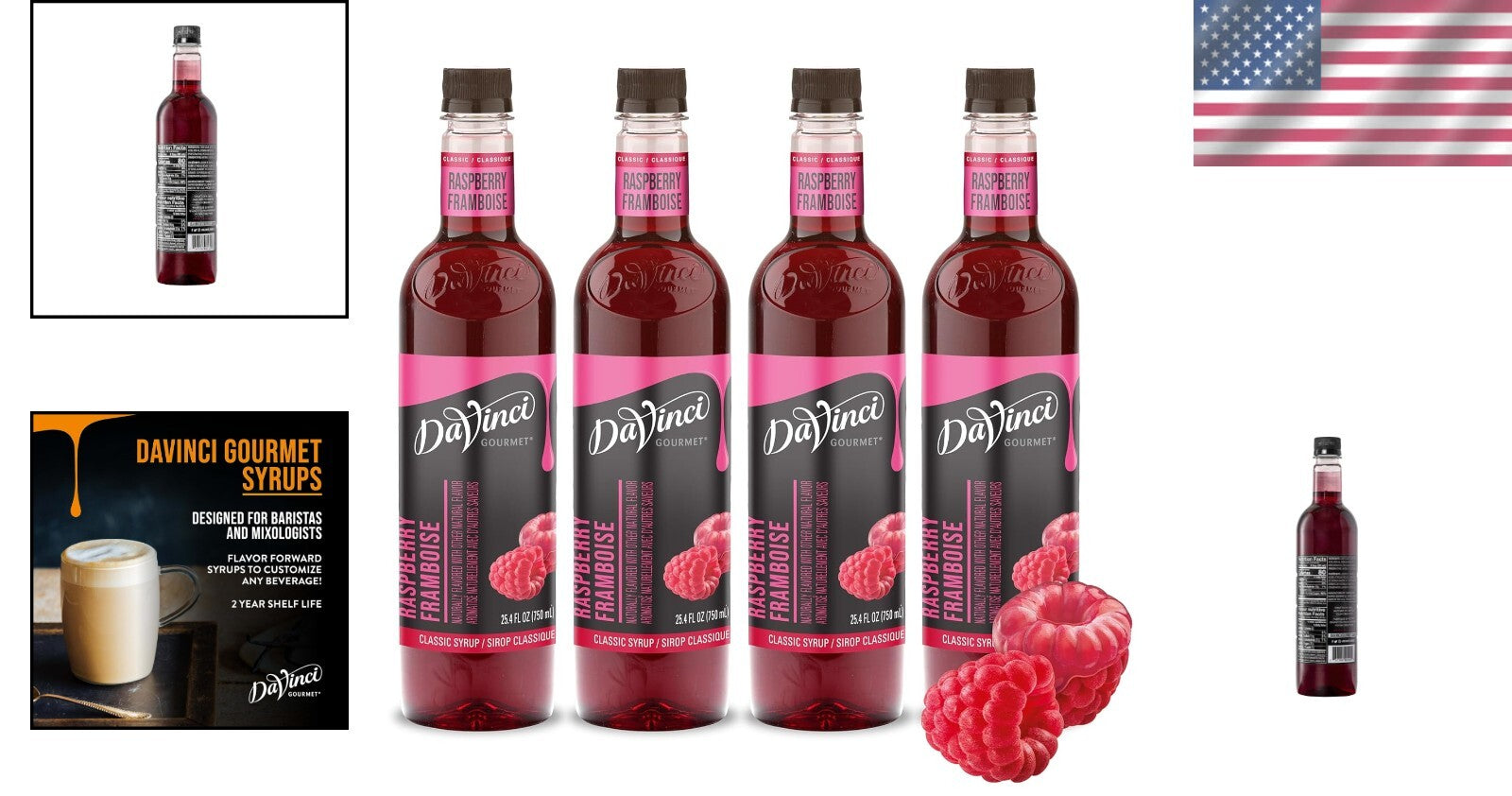 Classic Raspberry Syrup Pack of 4 - 25.4 fl oz Bottles for Gourmet Beverages
