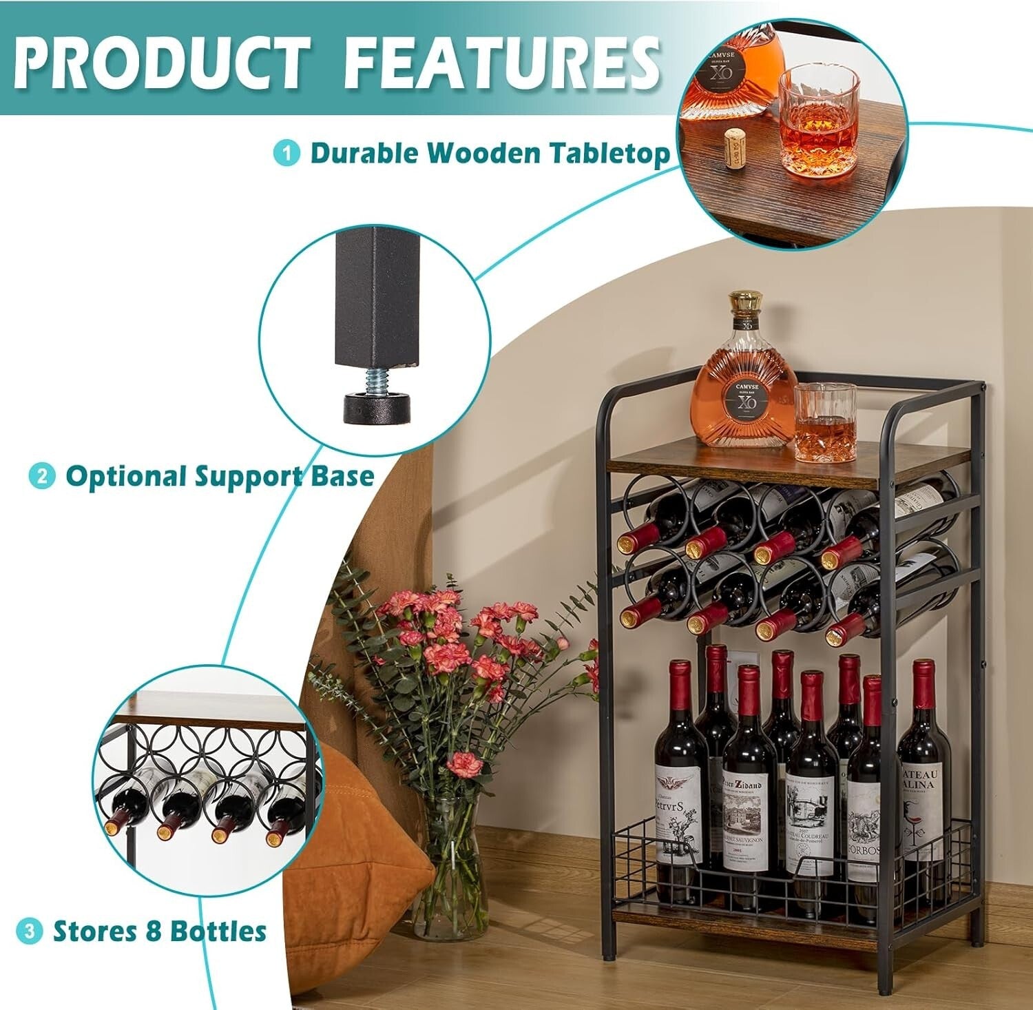 3-Tier Industrial-Chic Wine Bar Table with 8-Bottle Rack - Space-Saving Elegance