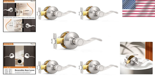 Easy Install Satin Nickel Door Levers - 5 Pack Modern Handles for Interiors