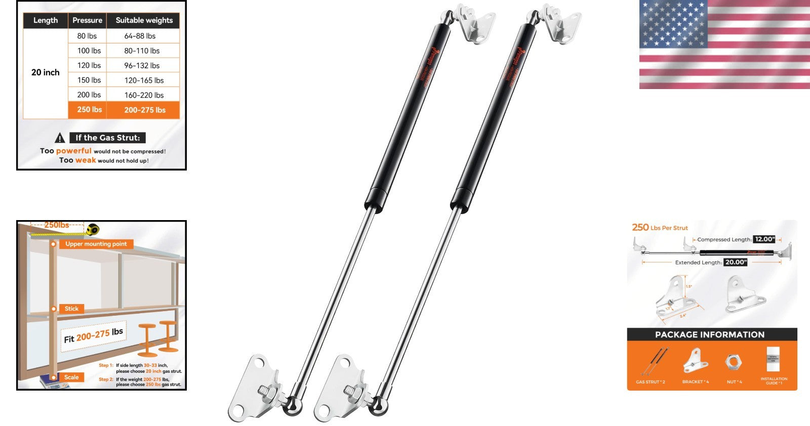 Universal 20-Inch Gas Spring Props with 250 lbs Support - Ideal for RVs & Trucks