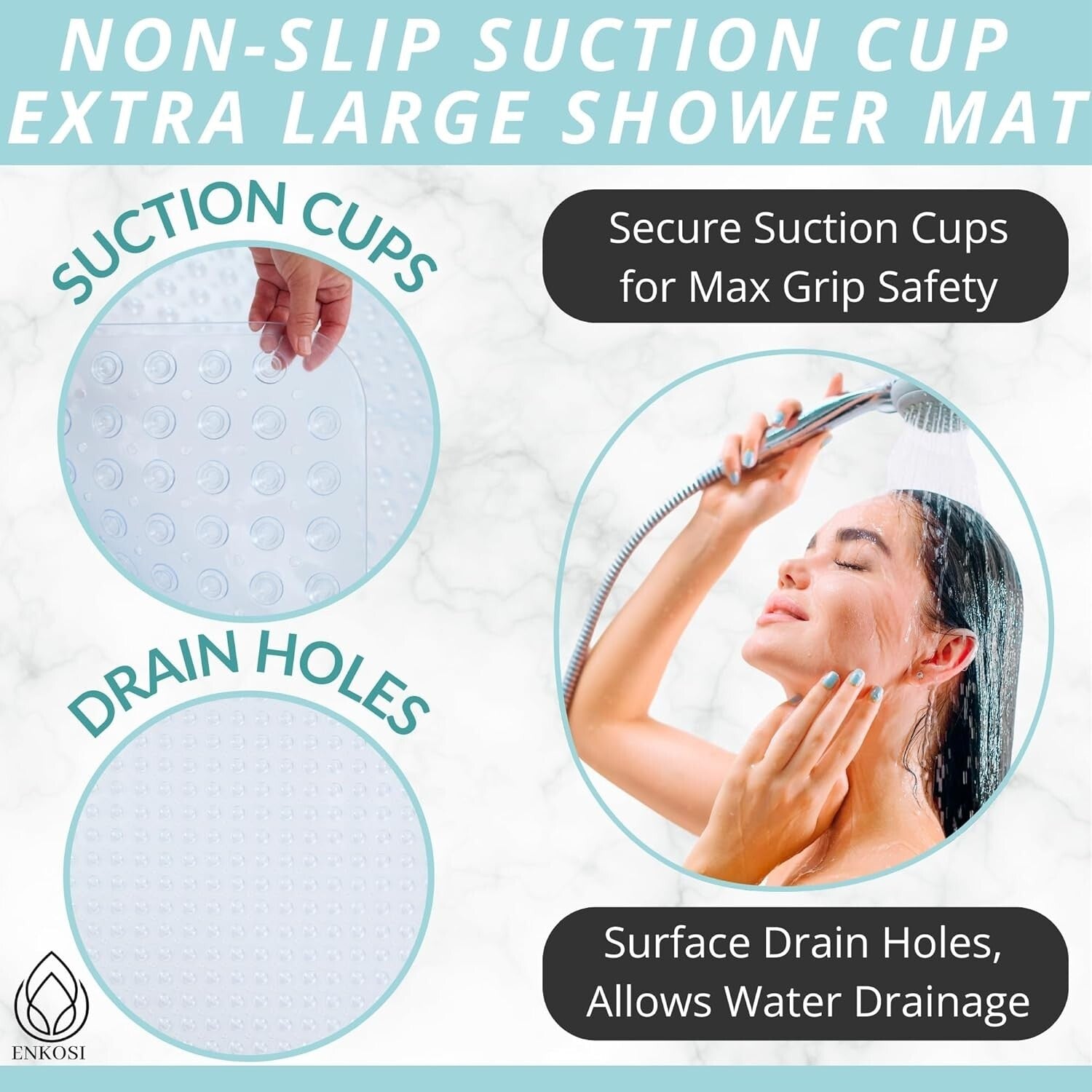 Clear XL Shower Mat with Secure Suction Cups - 47x32 Inch Safety Essential