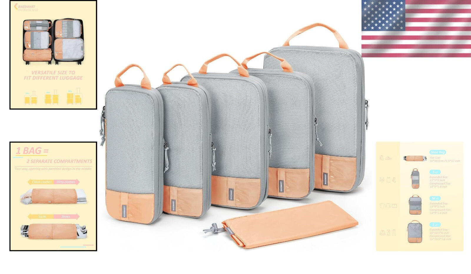 6 Set Compression Packing Cubes - Lightweight Luggage Organizer in Sunny Coral