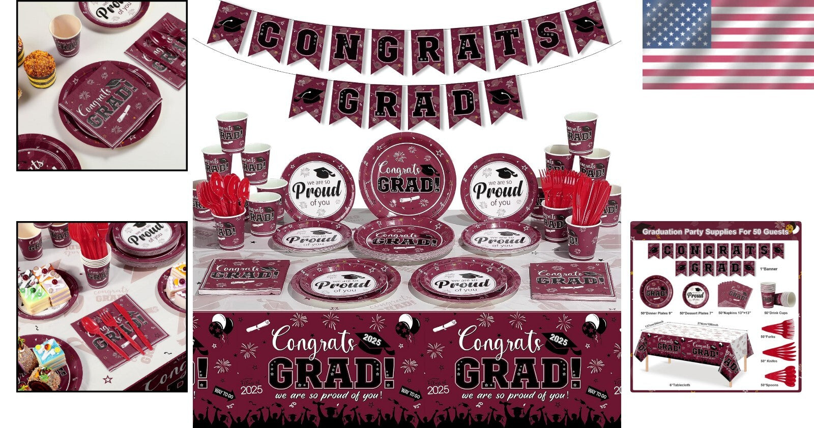 Elegant Maroon Graduation Dinnerware Set for Up to 50 Guests - Class of 2025