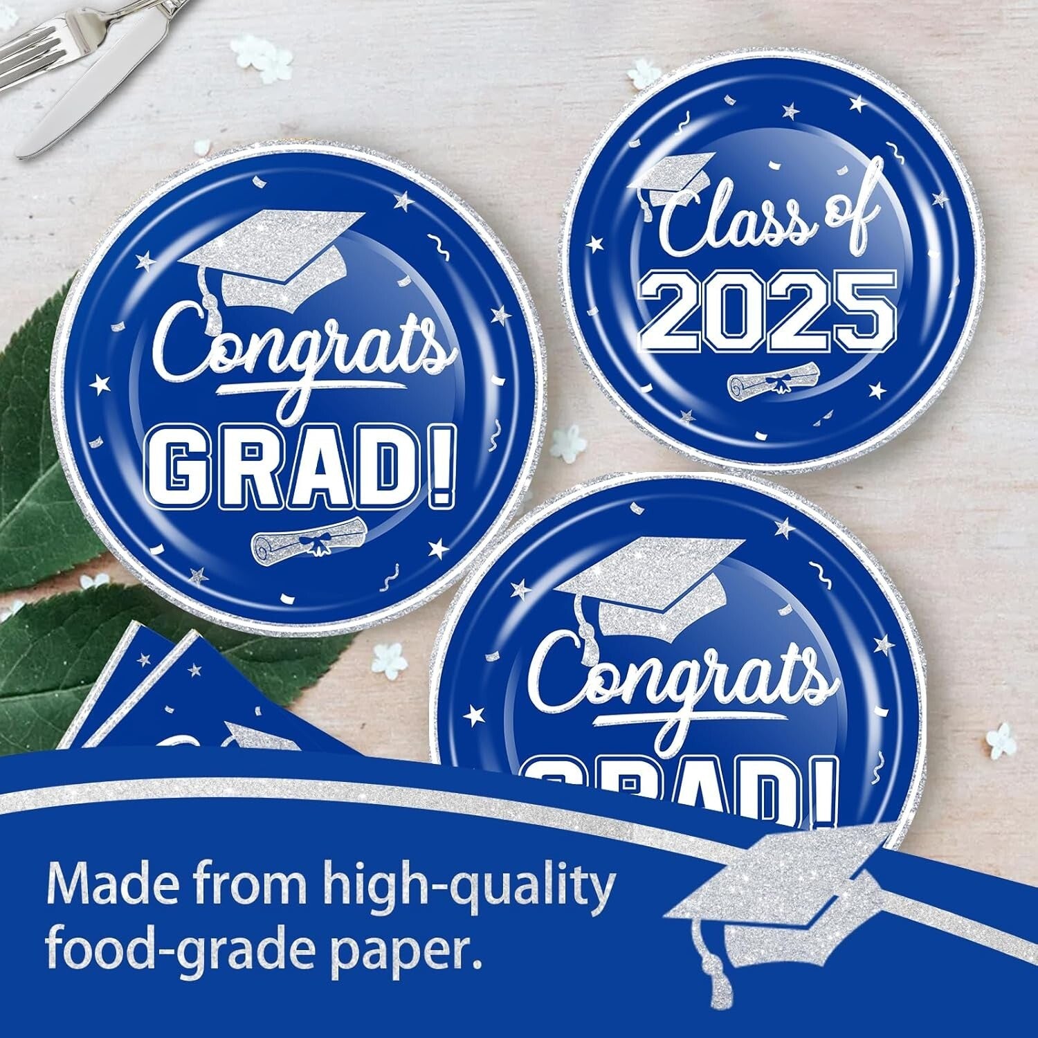 Elegant Blue White Graduation Party Set - 320-Piece Disposable Dinnerware for 80