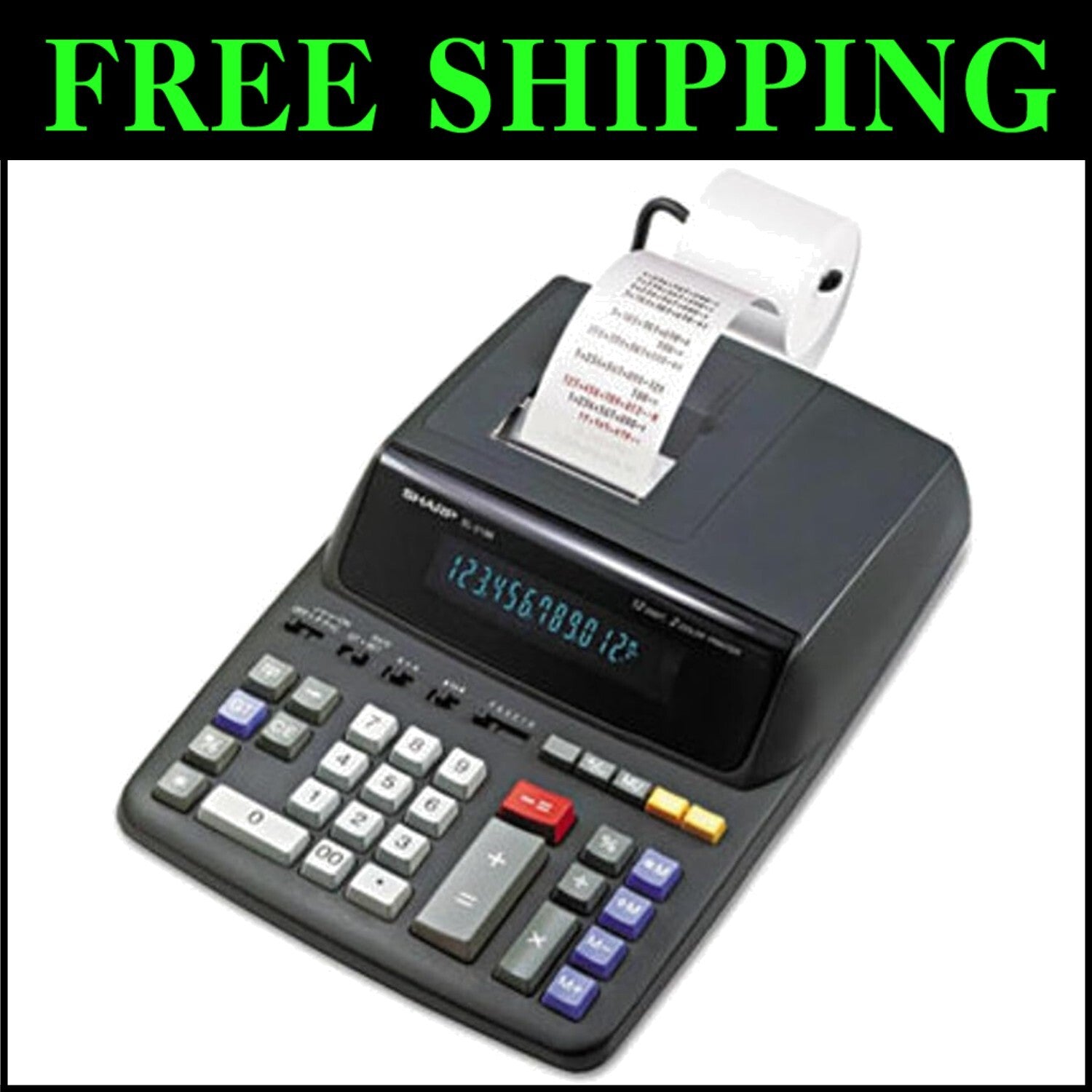 Efficient 12-Digit Printing Calculator with Blue Fluorescent Display in Black