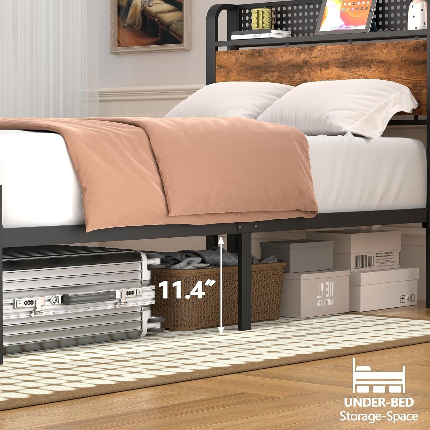 Functional Twin Bed Frame with LED Lights, Wood Headboard & Under-Bed Storage