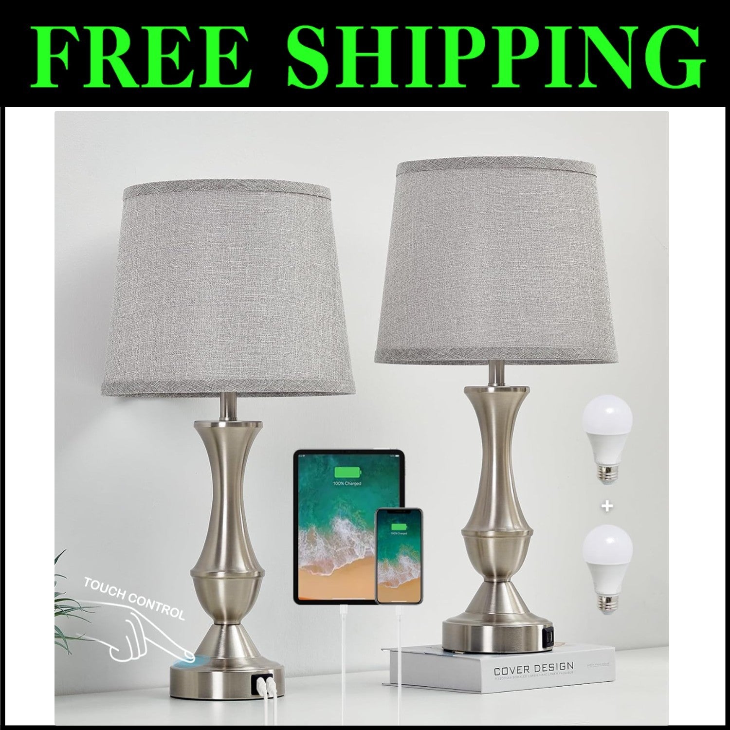 Elegant 22" Table Lamps Set with Touch Control and USB Charging - Silver & Grey