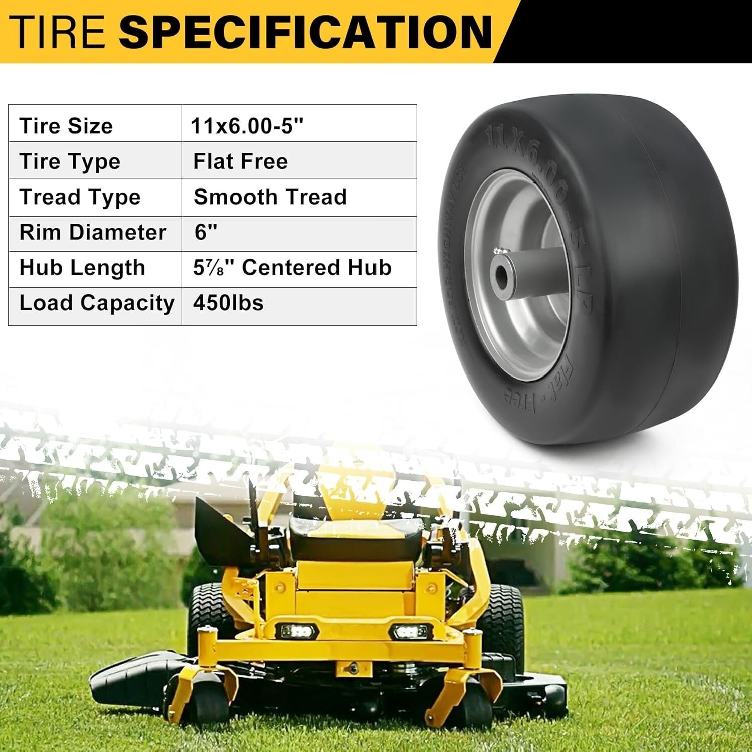 Durable 11" x6.00-5" Flat Free Tire for Zero Turn Mowers with Extra Adapters
