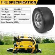 Load image into Gallery viewer, Durable 11" x6.00-5" Flat Free Tire for Zero Turn Mowers with Extra Adapters