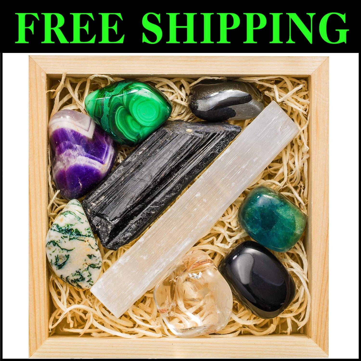 7 High-Grade Healing Stones with Wooden Display Box & Info Guide - Perfect Gift