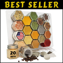 Load image into Gallery viewer, Magnetic Airtight Spice Jar Set - 20 Hexagonal Glass Containers with Labels