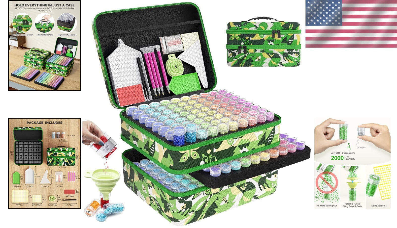 Elegant Green Diamond Painting Storage with 240 Jars - Zipper Closure for Safety