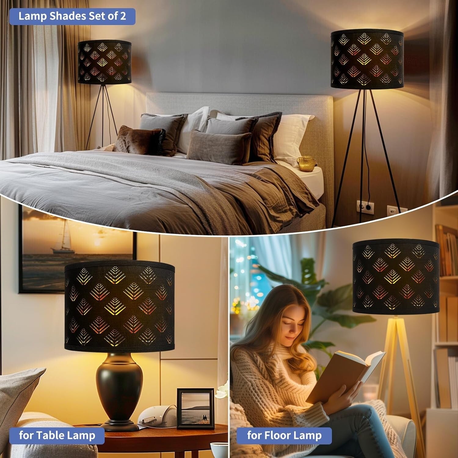 Stylish Black Drum Lampshades with Leaf Pattern - 13"x10" Easy Install Set of 2