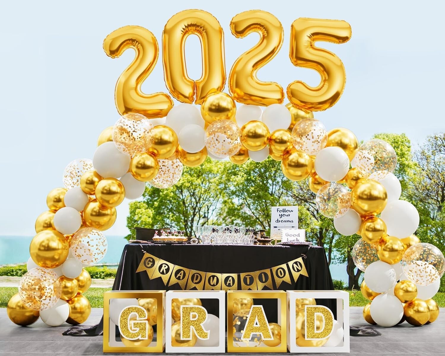 Stylish Gold & White Graduation Supplies Set with LED Lights - Class of 2025