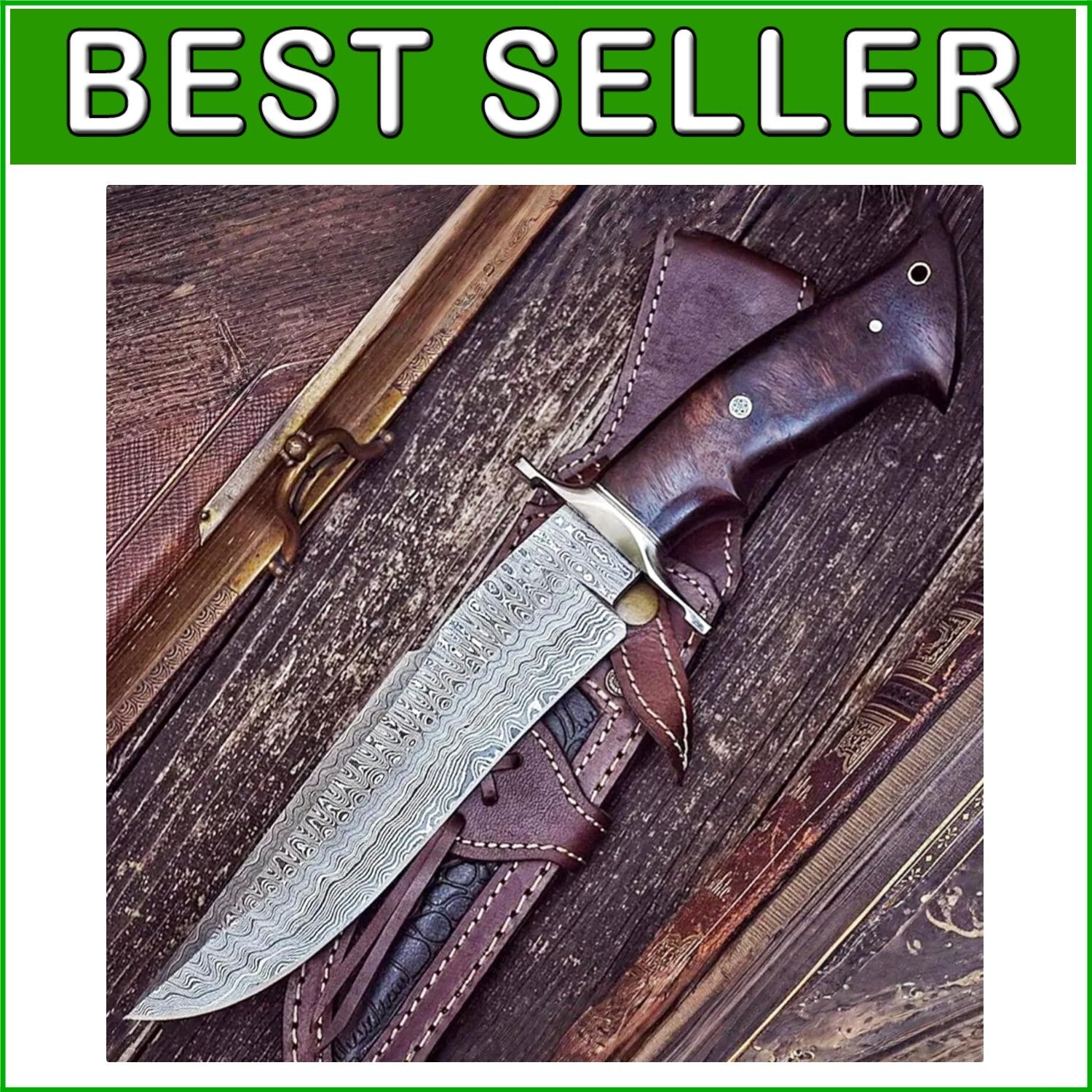 Durable Damascus Hunting Knife with Compound Bevel Blade & Leather Sheath