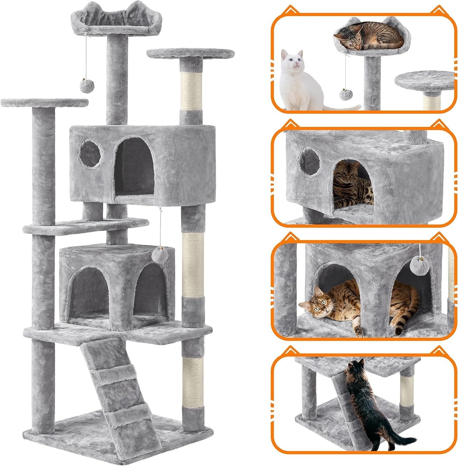 Light Gray Cat Condo with Three Platforms & Scratching Posts - Easy Assembly